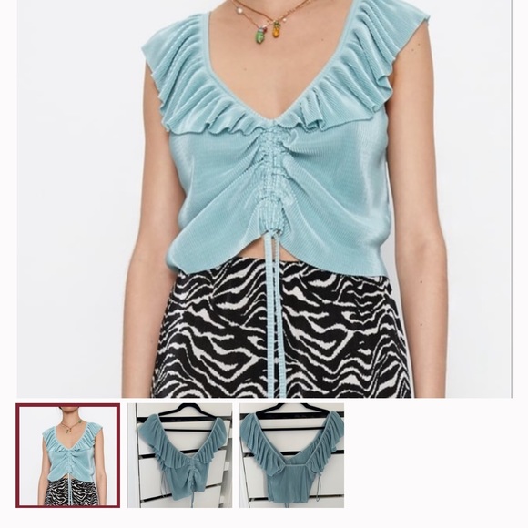 ZARA Pleated Ruffle Top Turquoise - Picture 3 of 3